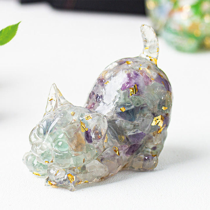 Buddha Stones Decoración de meditación con grava de cristal de resina con forma de gato estirándose - Fluorita - 4,5*3*4,2 cm - image 28
