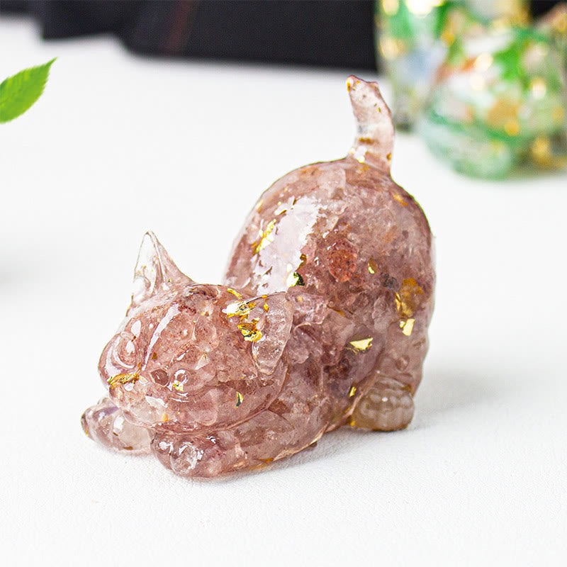 Buddha Stones Decoración de meditación con grava de cristal de resina con forma de gato estirándose - Cuarzo fresa - 4,5*3*4,2 cm - image 26
