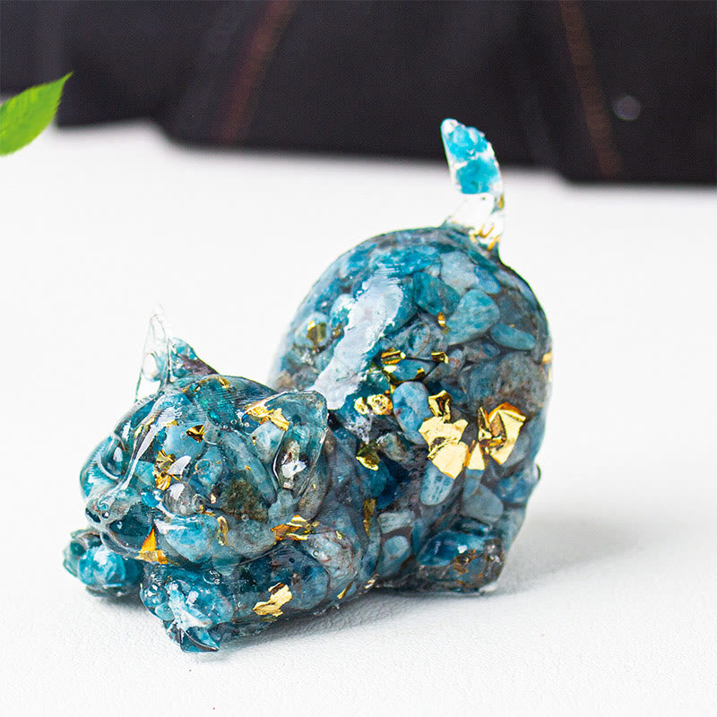 Buddha Stones Decoración de meditación con grava de cristal de resina con forma de gato estirándose - Apatita azul - 4,5*3*4,2 cm - image 48
