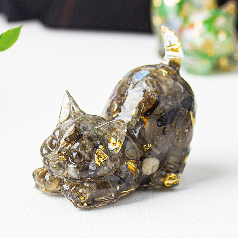 Buddha Stones Decoración de meditación con grava de cristal de resina con forma de gato estirándose - Labradorita negra - 4,5*3*4,2 cm - image 46