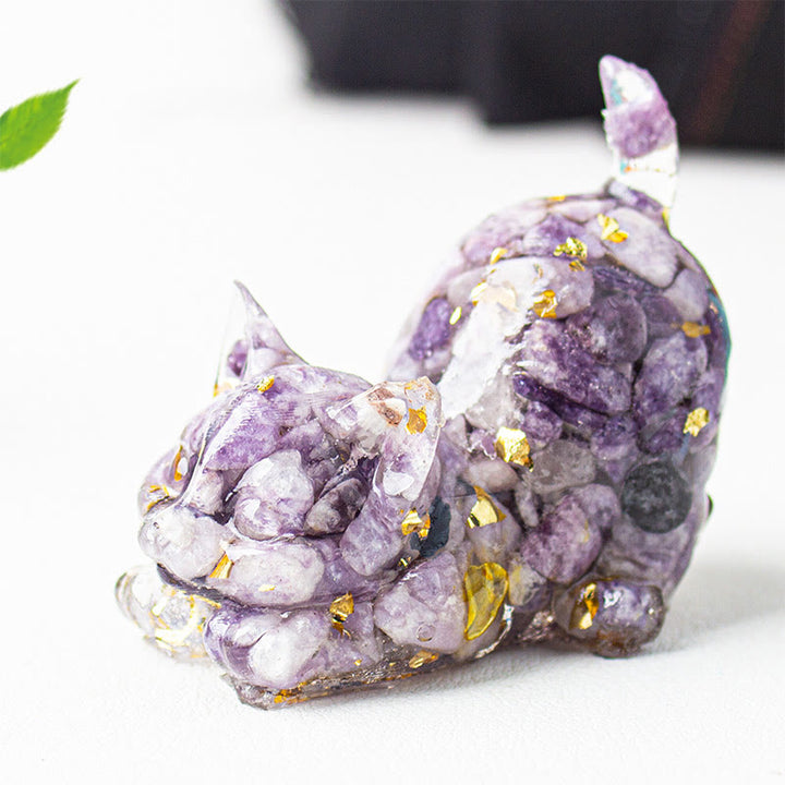 Buddha Stones Decoración de meditación con grava de cristal de resina con forma de gato estirándose - Lepidolita - 4,5*3*4,2 cm - image 50