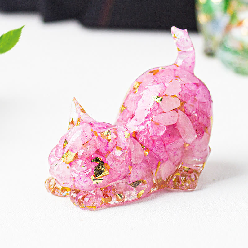Buddha Stones Decoración de meditación con grava de cristal de resina con forma de gato estirándose - Cuarzo rosa - 4,5*3*4,2 cm - image 53