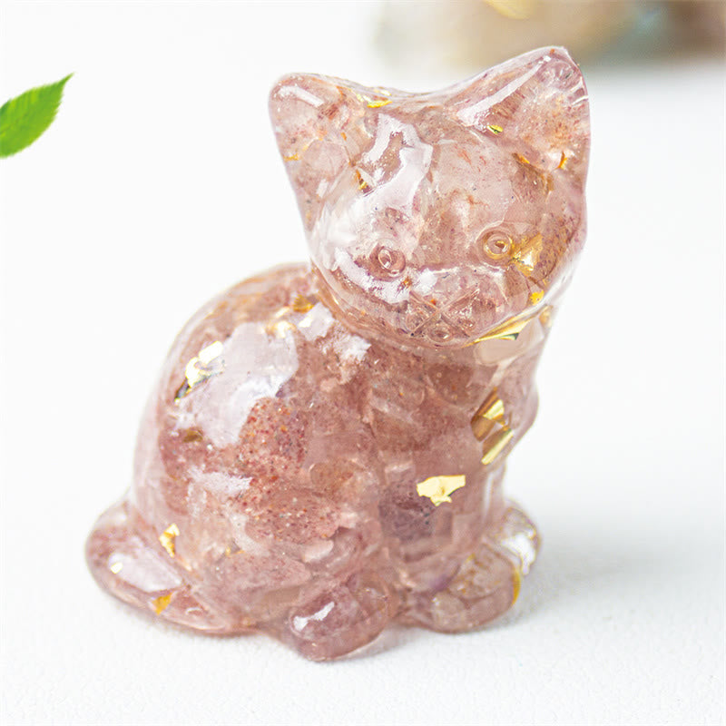 Buddha Stones Gato sentado, resina, grava, cristal rosa, citrino, cristal blanco, lapislázuli, decoración relajante para escritorio - Cuarzo fresa - Aproximadamente 3,2*3,3*4 cm - image 12