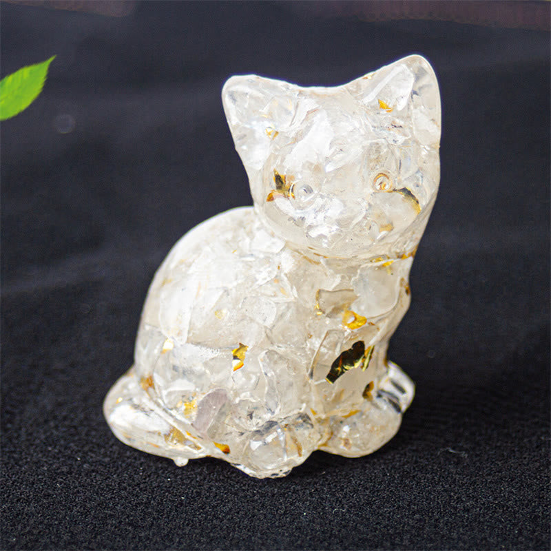 Buddha Stones Gato sentado, resina, grava, cristal rosa, citrino, cristal blanco, lapislázuli, decoración relajante para escritorio - Cristal blanco - Aproximadamente 3,2*3,3*4 cm - image 5