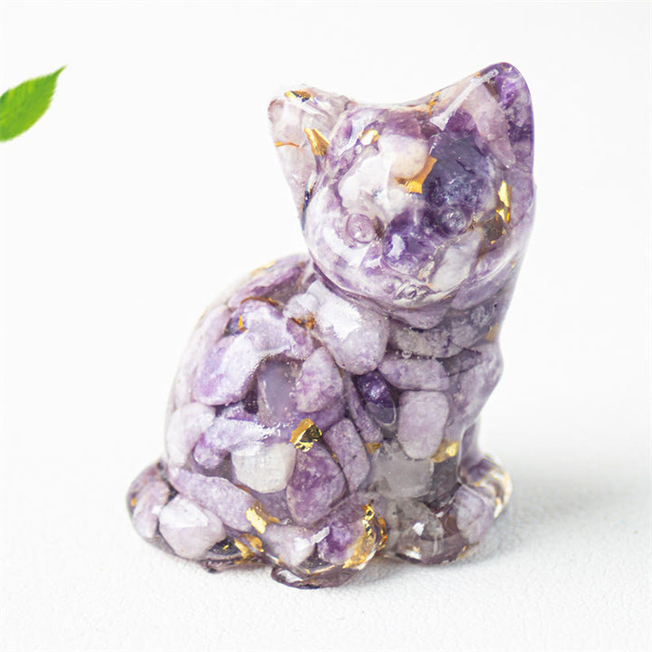 Buddha Stones Gato sentado, resina, grava, cristal rosa, citrino, cristal blanco, lapislázuli, decoración relajante para escritorio - Lepidolita - Aproximadamente 3,2*3,3*4 cm - image 39