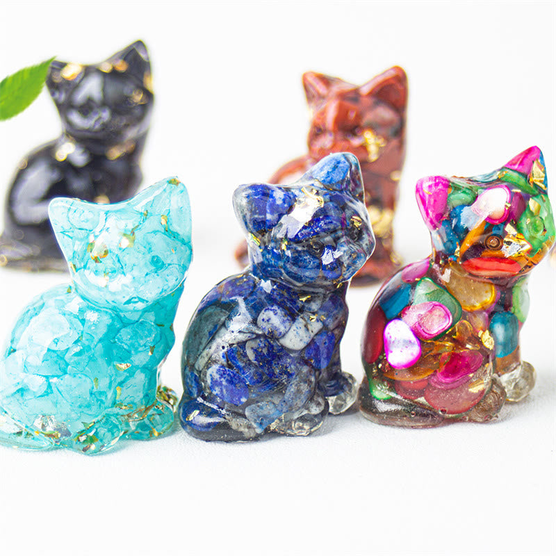 Buddha Stones Gato sentado, resina, grava, cristal rosa, citrino, cristal blanco, lapislázuli, decoración relajante para escritorio - image 0