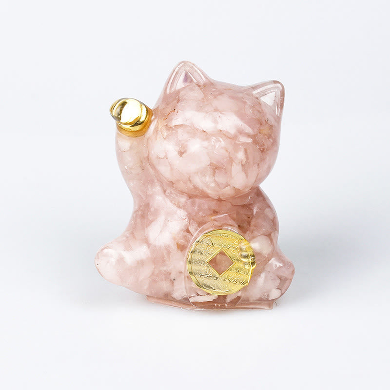 Buddha Stones Moneda de cobre con forma de gato de la suerte, turquesa, labradorita, cristal rosa y amatista. Decoración para el hogar. - Cristal rosa - Aproximadamente 5,5*6*4 cm - image 5