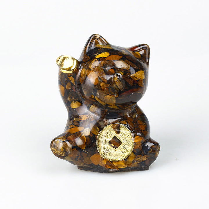 Buddha Stones Moneda de cobre con forma de gato de la suerte, turquesa, labradorita, cristal rosa y amatista. Decoración para el hogar. - Ojo de tigre - Aproximadamente 5,5*6*4 cm - image 14