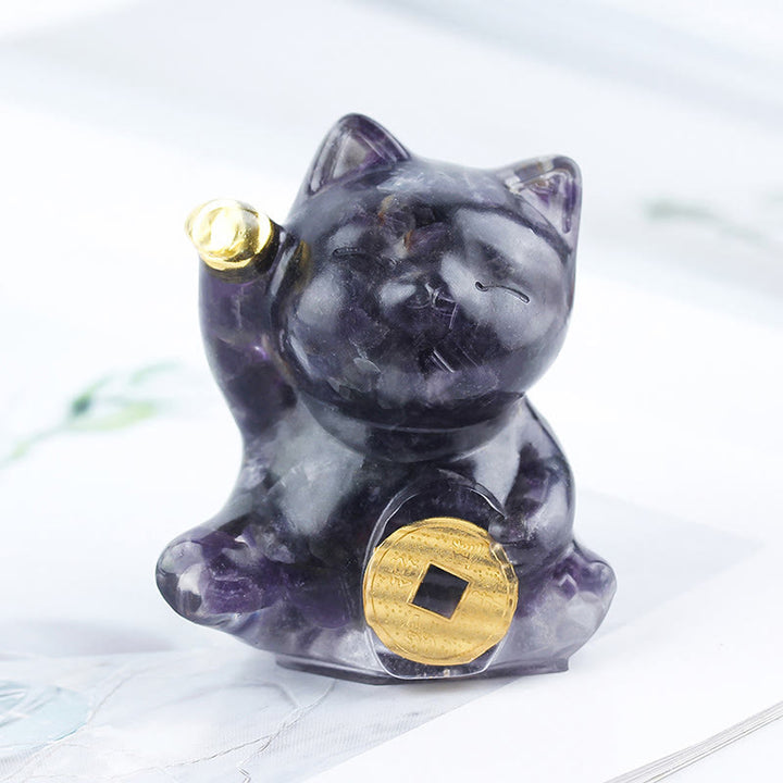 Buddha Stones Moneda de cobre con forma de gato de la suerte, turquesa, labradorita, cristal rosa y amatista. Decoración para el hogar. - Amatista púrpura intenso - Aproximadamente 5,5*6*4 cm - image 27