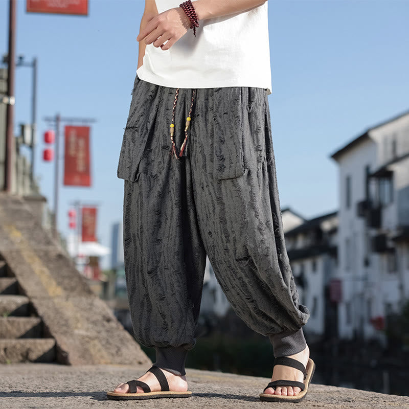 Pantalones anchos de algodón con cordón y bolsillos para hombre, diseño de agujeros y Buddha Stones , color liso - Gris - US/UK/AU46, EU56 (5XL) - image 0