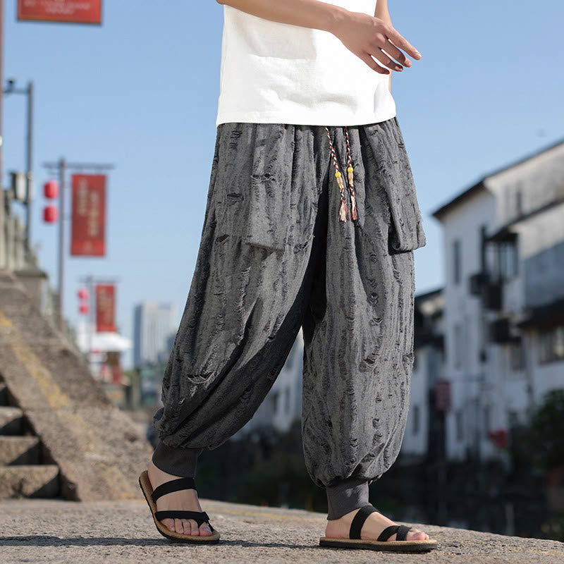 Pantalones anchos de algodón con cordón y bolsillos para hombre, diseño de agujeros y Buddha Stones , color liso - image 1