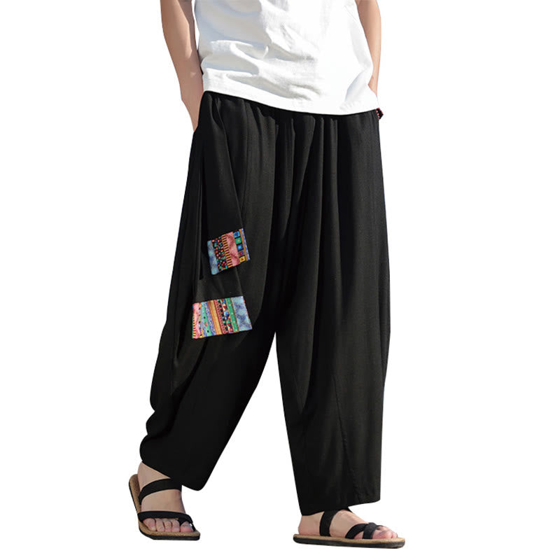 Pantalones anchos de algodón con cordón y bolsillos para hombre, con diseño de patchwork sencillo y Buddha Stones