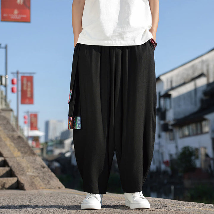 Pantalones anchos de algodón con cordón y bolsillos para hombre, con diseño de patchwork sencillo y Buddha Stones