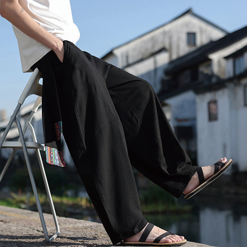 Pantalones anchos de algodón con cordón y bolsillos para hombre, con diseño de patchwork sencillo y Buddha Stones