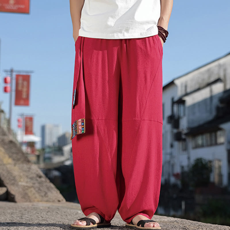 Pantalones anchos de algodón con cordón y bolsillos para hombre, con diseño de patchwork sencillo y Buddha Stones