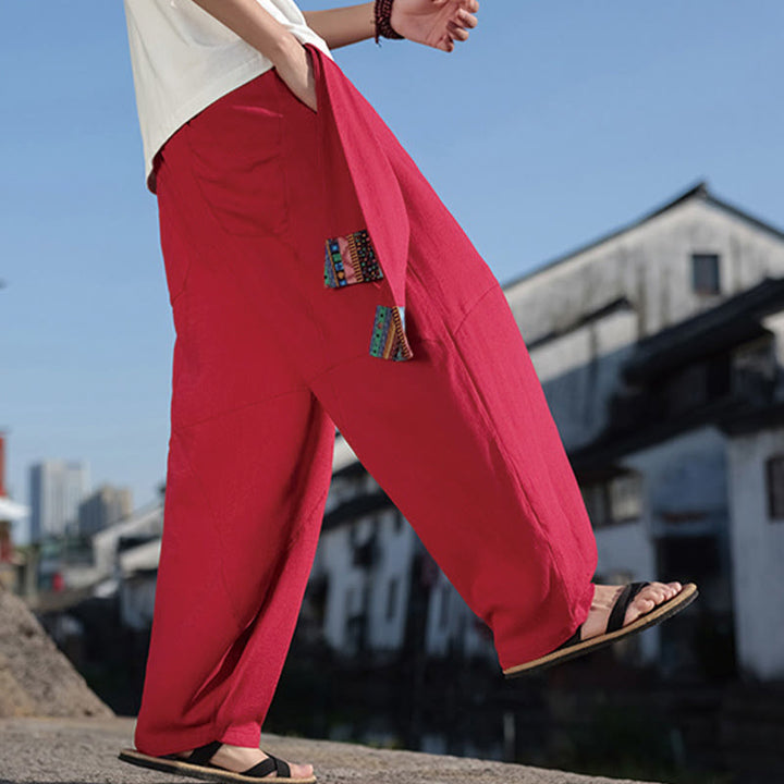 Pantalones anchos de algodón con cordón y bolsillos para hombre, con diseño de patchwork sencillo y Buddha Stones