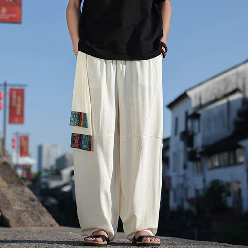 Pantalones anchos de algodón con cordón y bolsillos para hombre, con diseño de patchwork sencillo y Buddha Stones