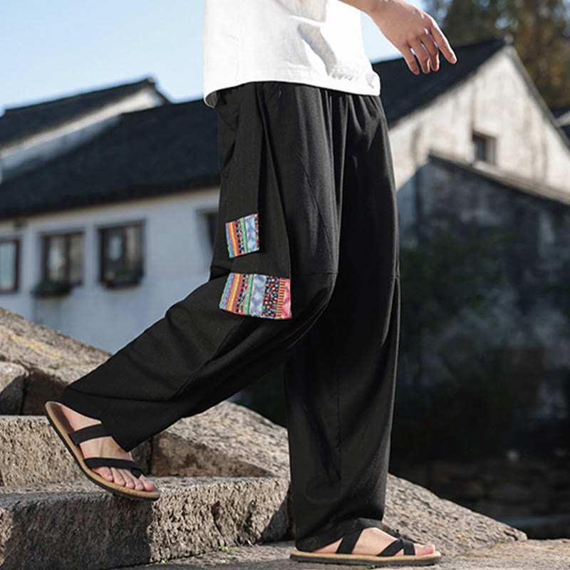 Pantalones anchos de algodón con cordón y bolsillos para hombre, con diseño de patchwork sencillo y Buddha Stones