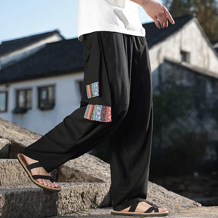 Pantalones anchos de algodón con cordón y bolsillos para hombre, con diseño de patchwork sencillo y Buddha Stones