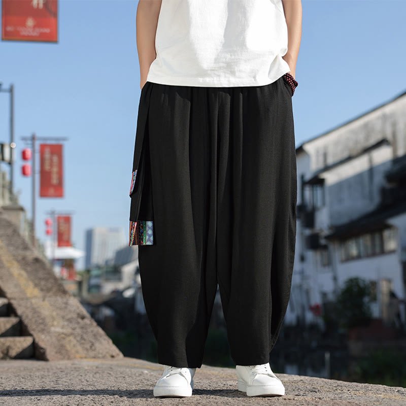 Pantalones anchos de algodón con cordón y bolsillos para hombre, con diseño de patchwork sencillo y Buddha Stones - Negro - US/UK/AU46, EU56 (5XL) - image 0