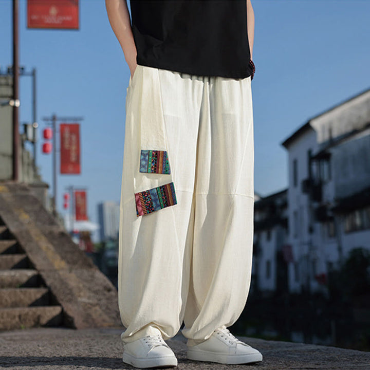 Pantalones anchos de algodón con cordón y bolsillos para hombre, con diseño de patchwork sencillo y Buddha Stones