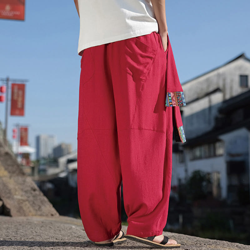 Pantalones anchos de algodón con cordón y bolsillos para hombre, con diseño de patchwork sencillo y Buddha Stones