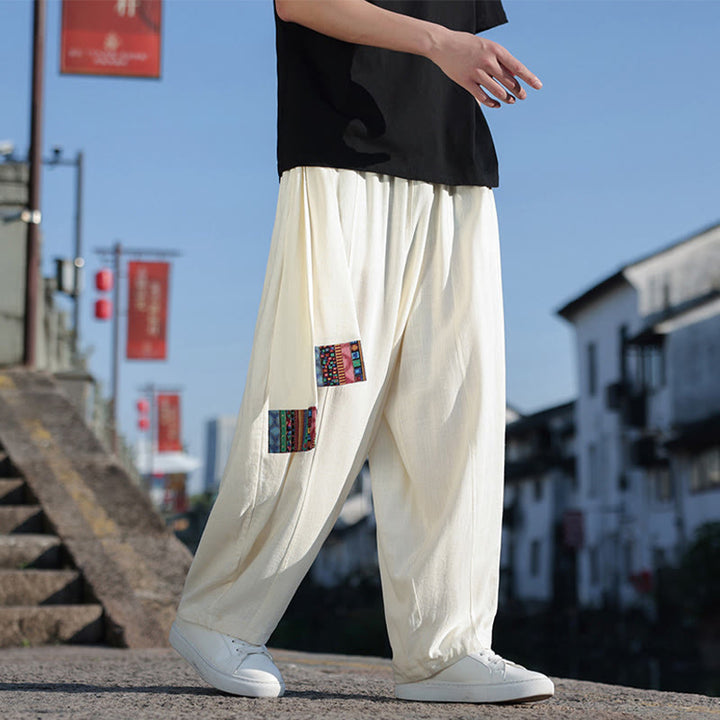 Pantalones anchos de algodón con cordón y bolsillos para hombre, con diseño de patchwork sencillo y Buddha Stones