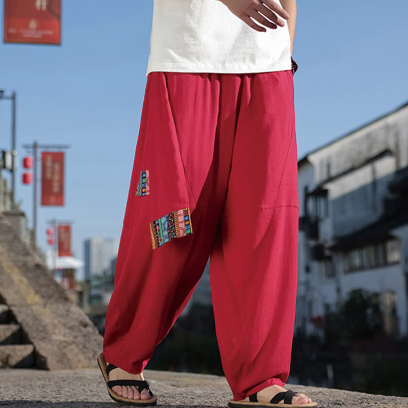Pantalones anchos de algodón con cordón y bolsillos para hombre, con diseño de patchwork sencillo y Buddha Stones