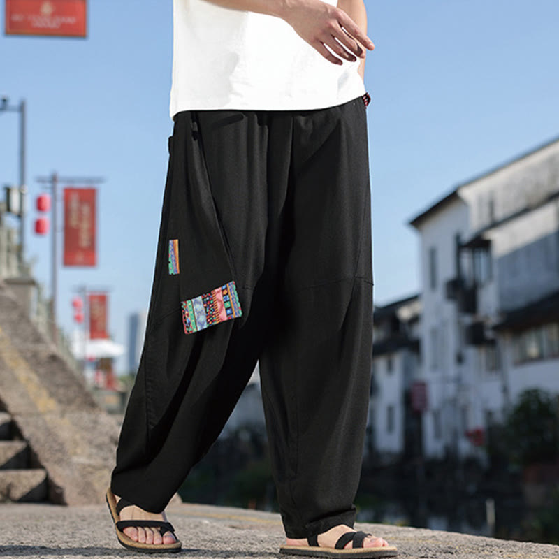 Pantalones anchos de algodón con cordón y bolsillos para hombre, con diseño de patchwork sencillo y Buddha Stones