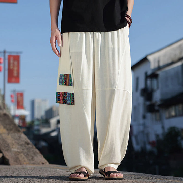 Pantalones anchos de algodón con cordón y bolsillos para hombre, con diseño de patchwork sencillo y Buddha Stones