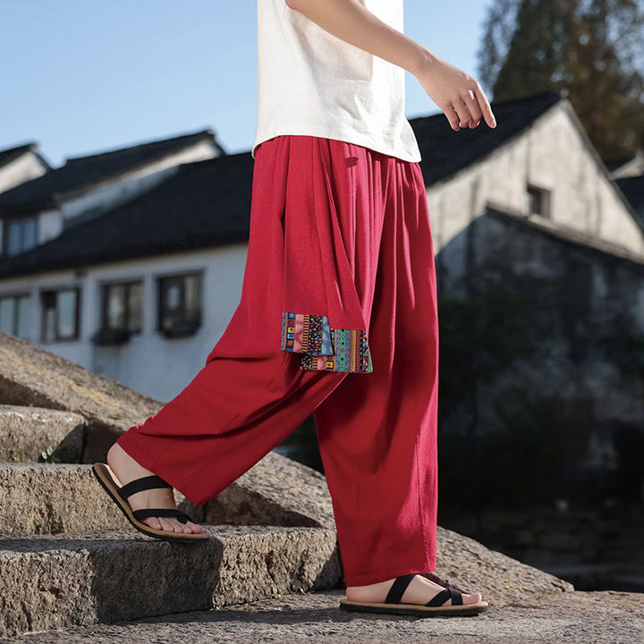 Pantalones anchos de algodón con cordón y bolsillos para hombre, con diseño de patchwork sencillo y Buddha Stones