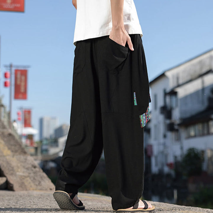 Pantalones anchos de algodón con cordón y bolsillos para hombre, con diseño de patchwork sencillo y Buddha Stones