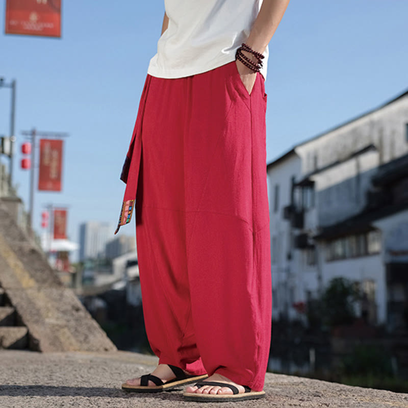 Pantalones anchos de algodón con cordón y bolsillos para hombre, con diseño de patchwork sencillo y Buddha Stones