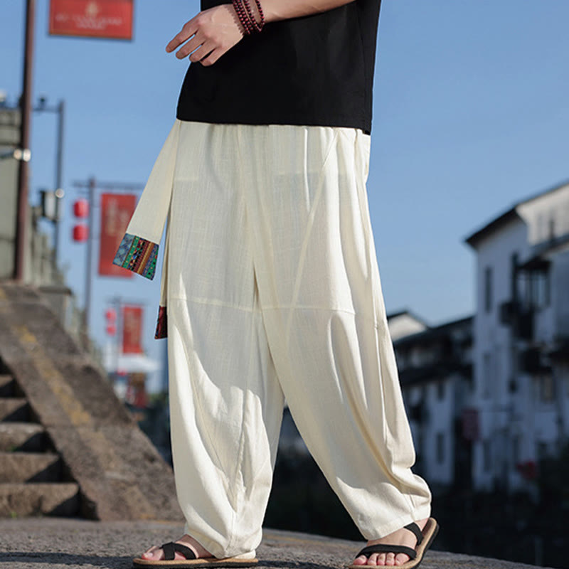 Pantalones anchos de algodón con cordón y bolsillos para hombre, con diseño de patchwork sencillo y Buddha Stones