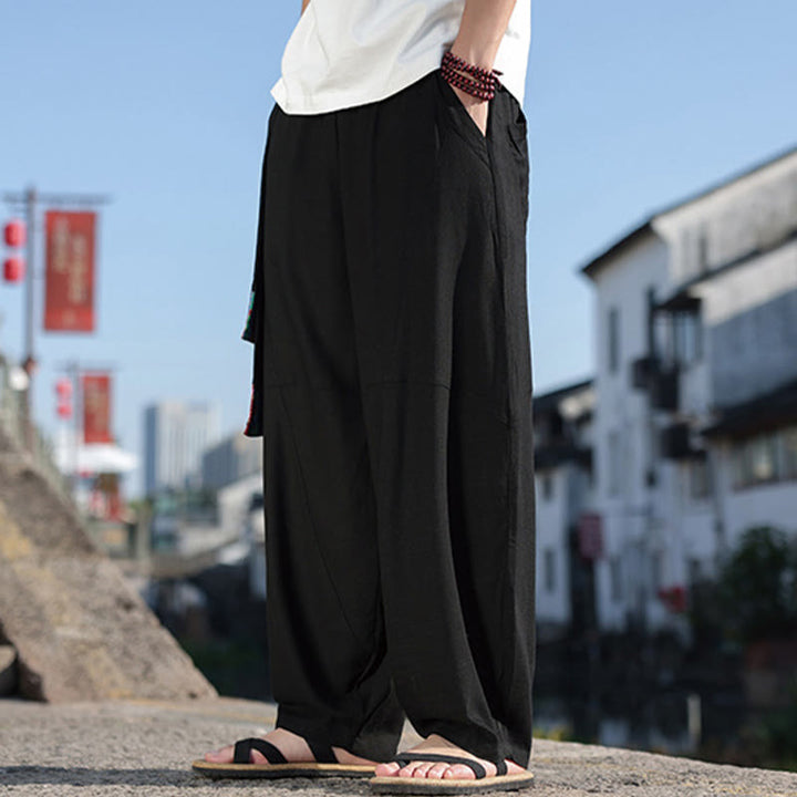 Pantalones anchos de algodón con cordón y bolsillos para hombre, con diseño de patchwork sencillo y Buddha Stones