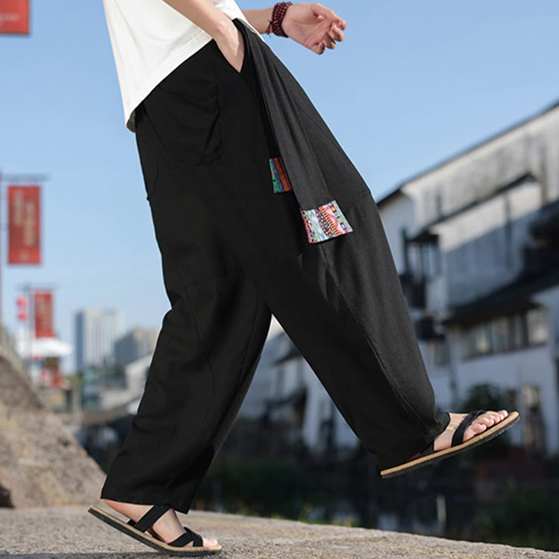 Pantalones anchos de algodón con cordón y bolsillos para hombre, con diseño de patchwork sencillo y Buddha Stones