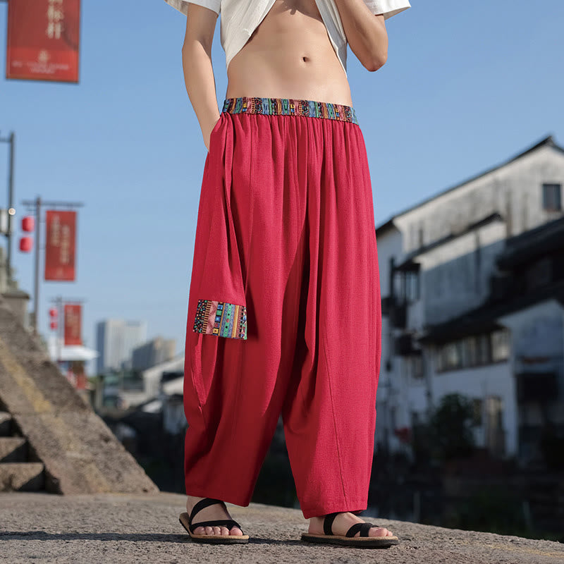 Pantalones anchos de algodón con cordón y bolsillos para hombre, con diseño de patchwork sencillo y Buddha Stones