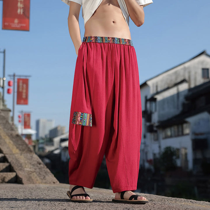 Pantalones anchos de algodón con cordón y bolsillos para hombre, con diseño de patchwork sencillo y Buddha Stones