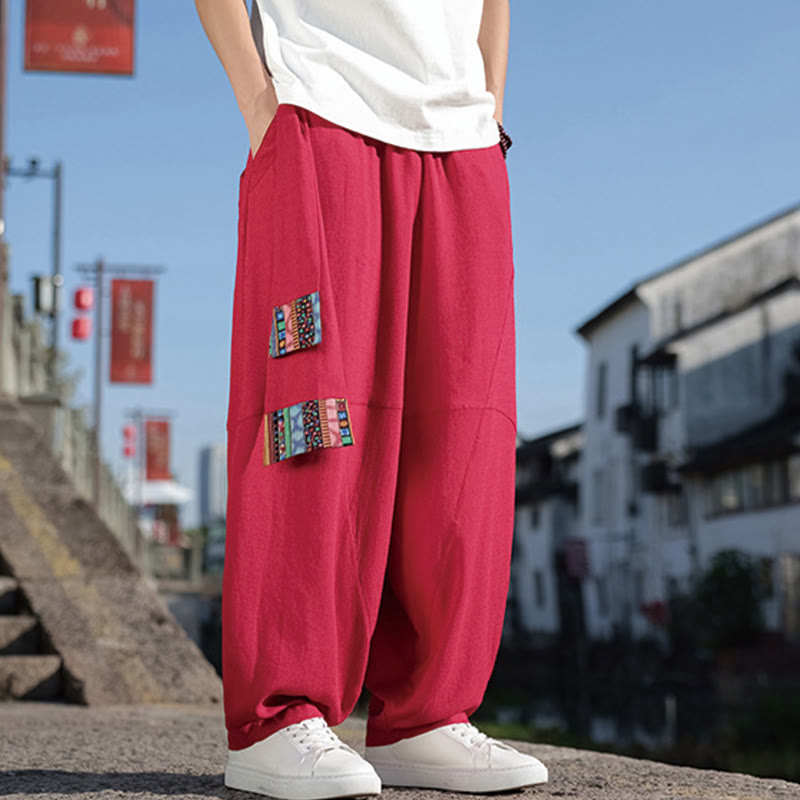 Pantalones anchos de algodón con cordón y bolsillos para hombre, con diseño de patchwork sencillo y Buddha Stones