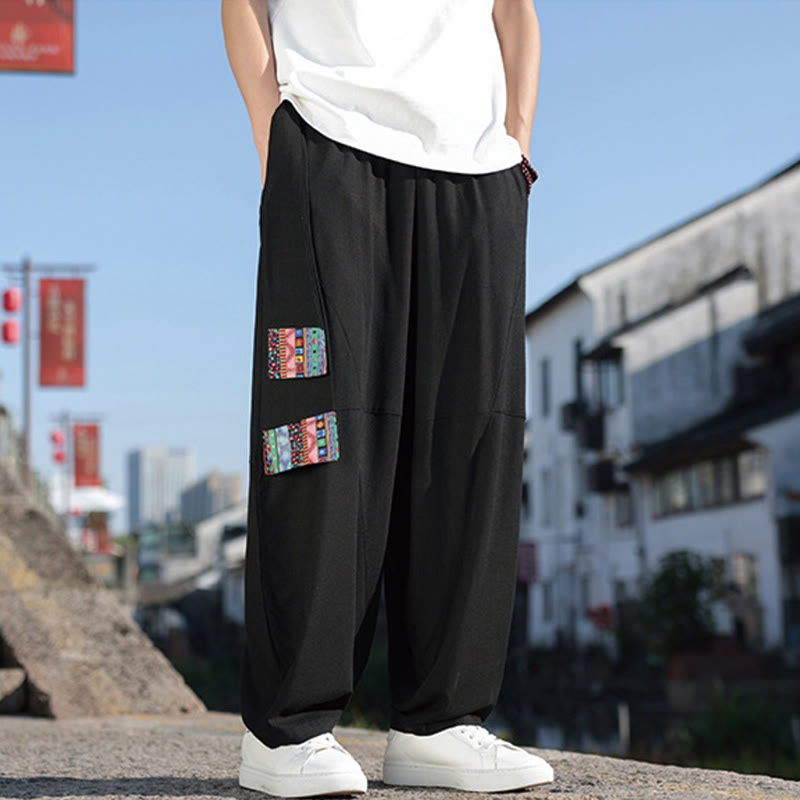 Pantalones anchos de algodón con cordón y bolsillos para hombre, con diseño de patchwork sencillo y Buddha Stones