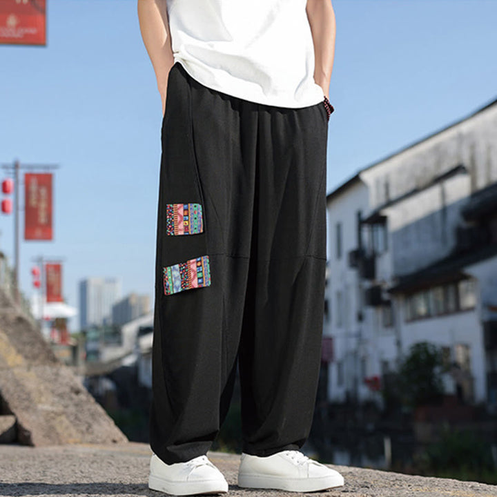Pantalones anchos de algodón con cordón y bolsillos para hombre, con diseño de patchwork sencillo y Buddha Stones