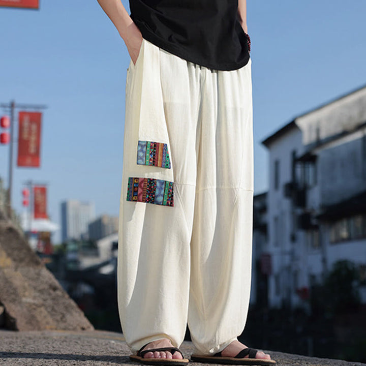 Pantalones anchos de algodón con cordón y bolsillos para hombre, con diseño de patchwork sencillo y Buddha Stones