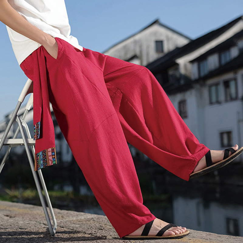Pantalones anchos de algodón con cordón y bolsillos para hombre, con diseño de patchwork sencillo y Buddha Stones