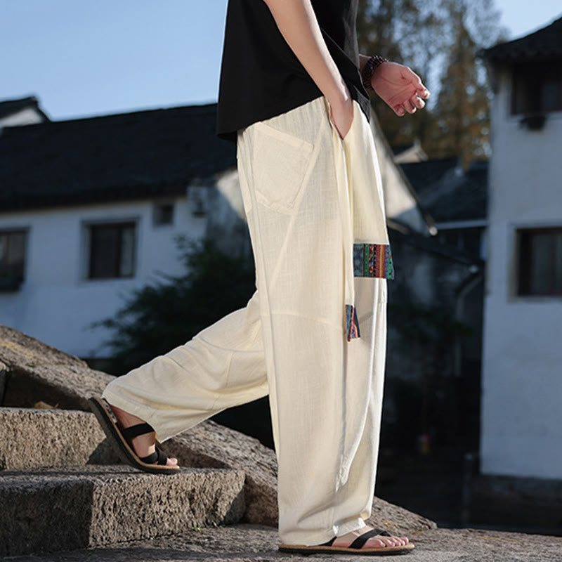 Pantalones anchos de algodón con cordón y bolsillos para hombre, con diseño de patchwork sencillo y Buddha Stones