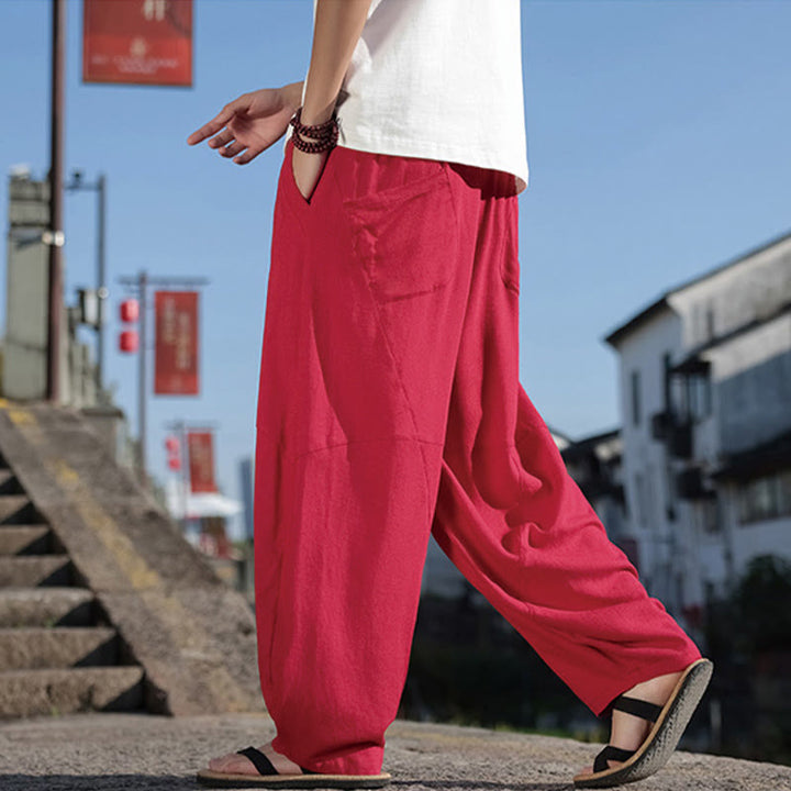 Pantalones anchos de algodón con cordón y bolsillos para hombre, con diseño de patchwork sencillo y Buddha Stones