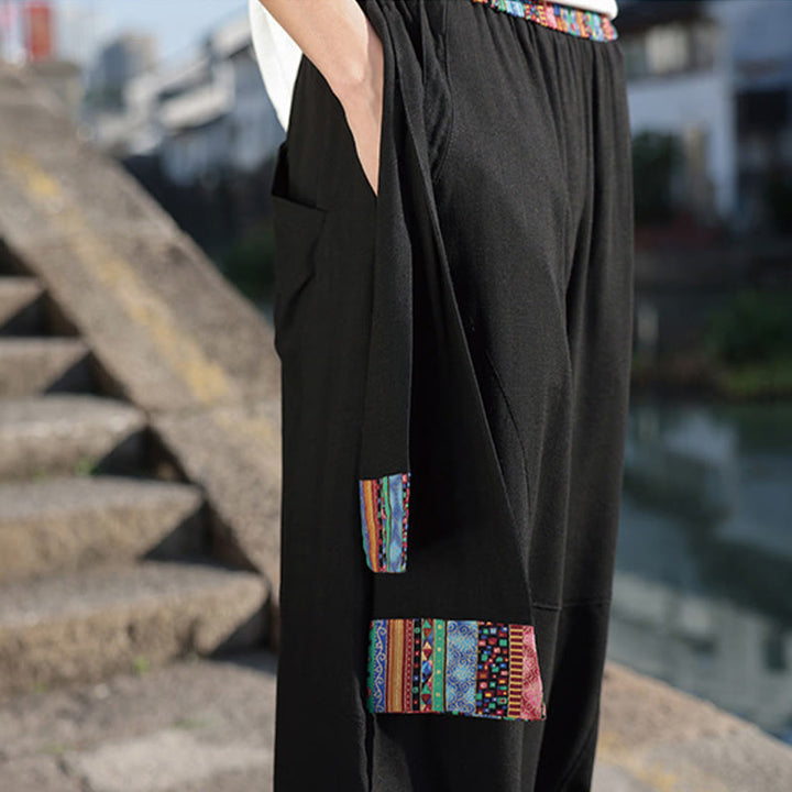 Pantalones anchos de algodón con cordón y bolsillos para hombre, con diseño de patchwork sencillo y Buddha Stones