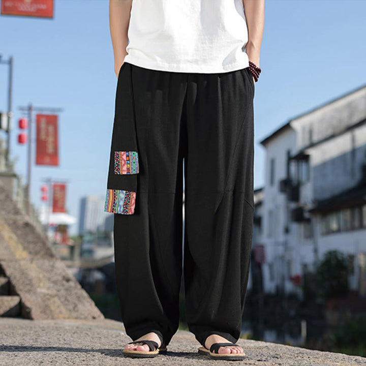 Pantalones anchos de algodón con cordón y bolsillos para hombre, con diseño de patchwork sencillo y Buddha Stones