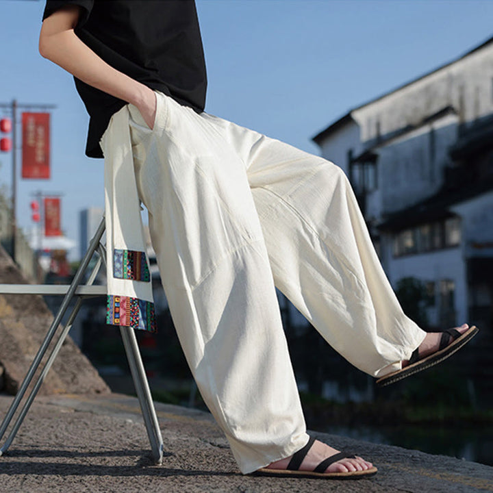 Pantalones anchos de algodón con cordón y bolsillos para hombre, con diseño de patchwork sencillo y Buddha Stones