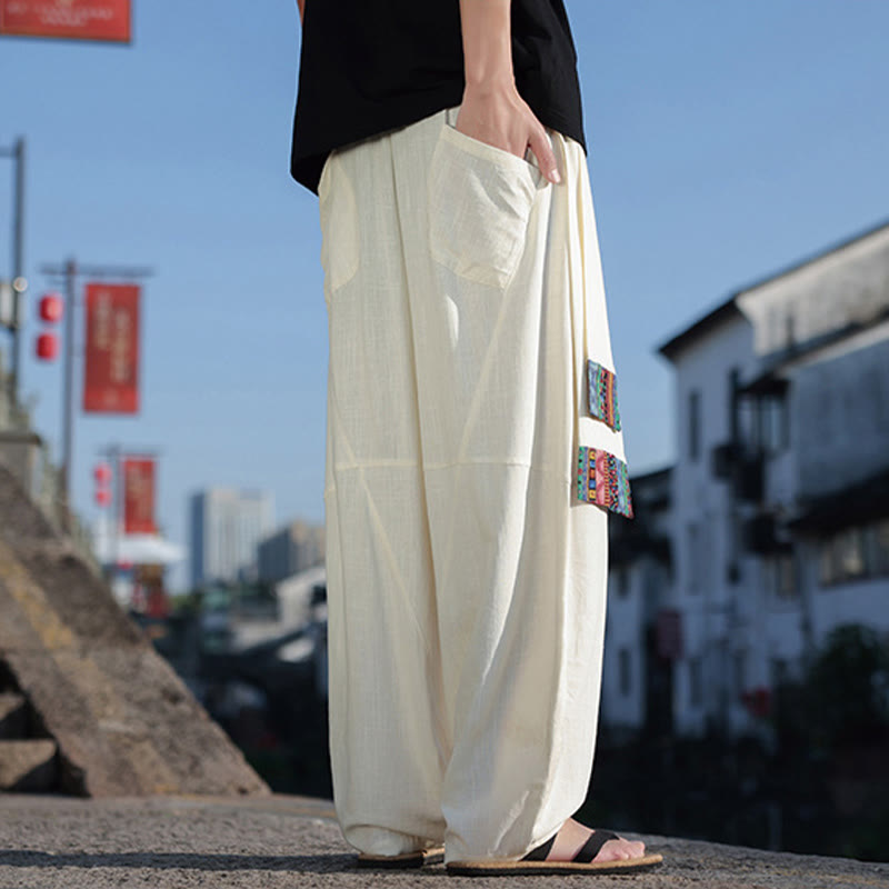 Pantalones anchos de algodón con cordón y bolsillos para hombre, con diseño de patchwork sencillo y Buddha Stones