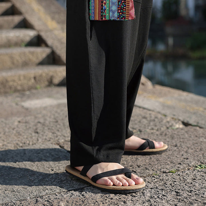 Pantalones anchos de algodón con cordón y bolsillos para hombre, con diseño de patchwork sencillo y Buddha Stones